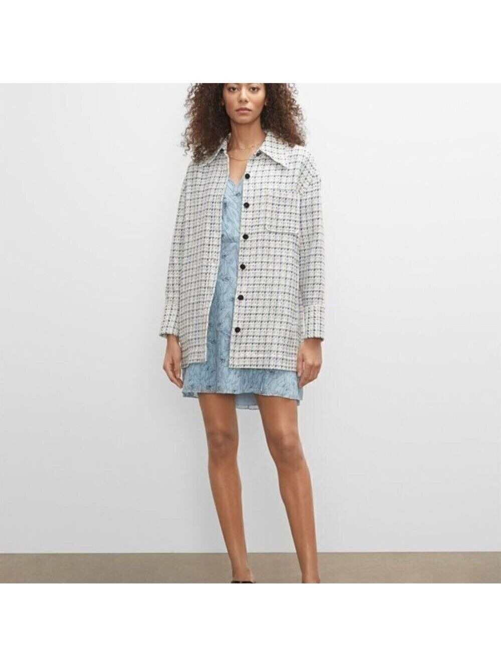 Club Monaco Shirt Jacket Blue/Ivory Plaid Textured Cotton Shacket Blazer S